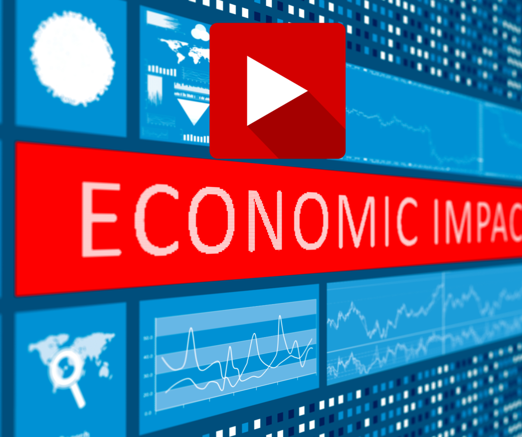 Illustration showing the economic impact through money symbols, data charts, and community silhouettes.