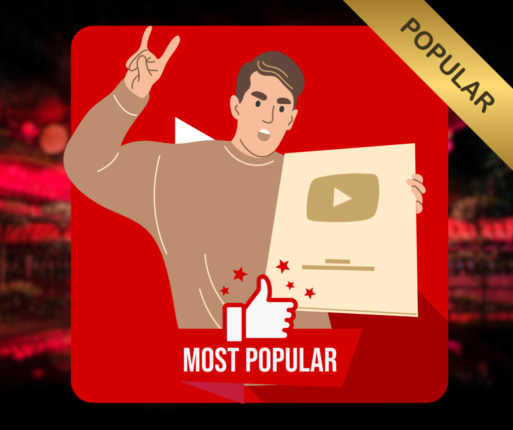 Cartoon boy holding a YouTube Silver Play Button and showing a victory sign, with a red YouTube-themed background – representing success through using a YouTube Thumbnail Grabber
