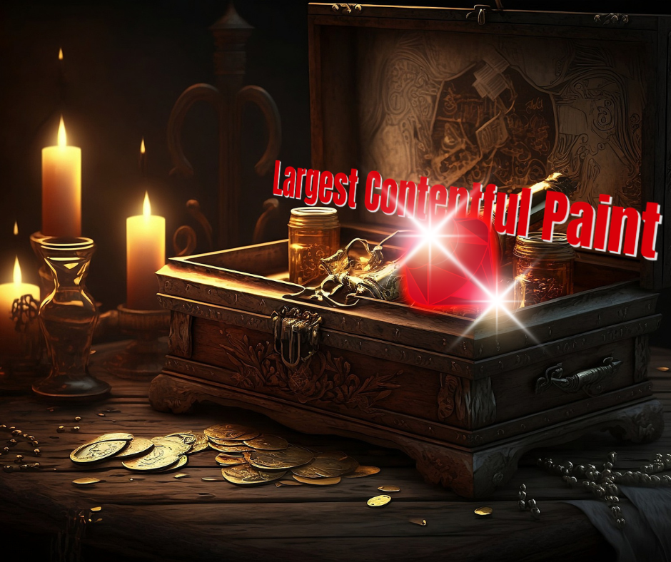 A glowing red gem in a box of pearls inside a dark cave, symbolizing the Largest Contentful Paint (LCP) as the most important content on a webpage