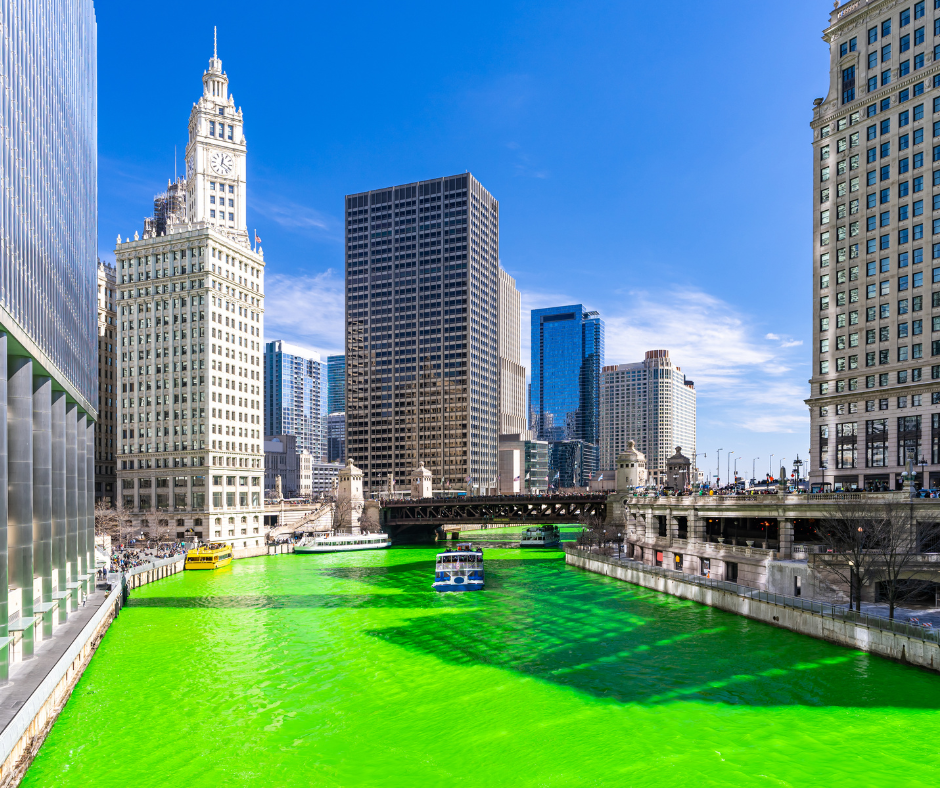 A breathtaking view of the Chicago River dyed bright green for St. Patrick’s Day, reflecting the city’s festive spirit.