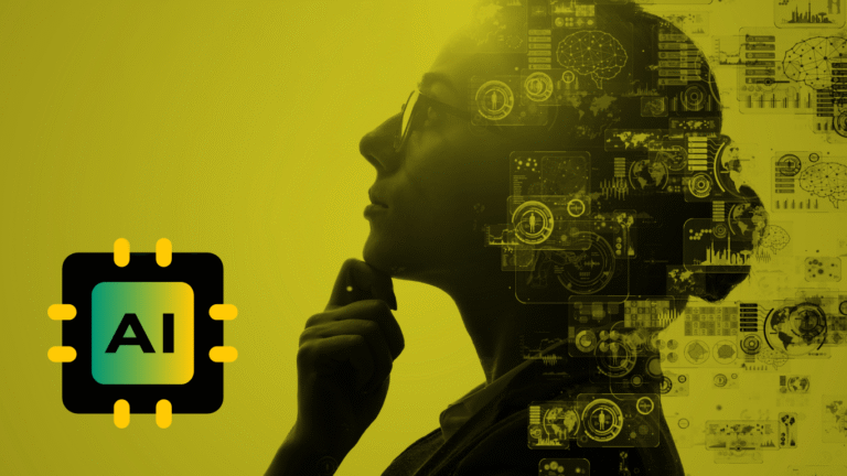 A thinking woman overlaid with futuristic AI and data interface visuals, representing deep insights into writing about artificial intelligence.