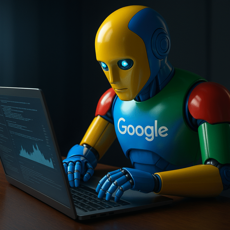 A hyper-realistic 3D render of a Google-colored AI bot analyzing SEO vs SMM 2025 data on a desktop computer.