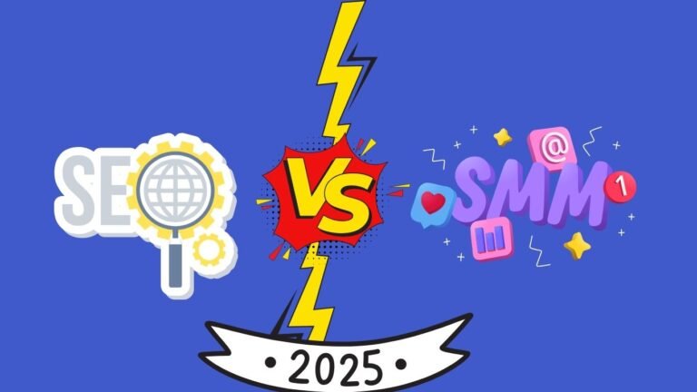 Illustration comparing SEO and SMM for 2025, with SEO graphics on the left, SMM visuals on the right, and a bold ‘VS 2025’ in the center representing a digital marketing face-off.