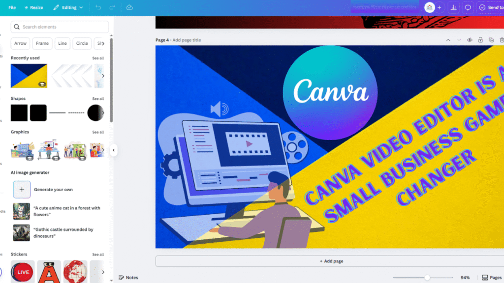 Canva dashboard interface showing video editing tools and templates for small businesses